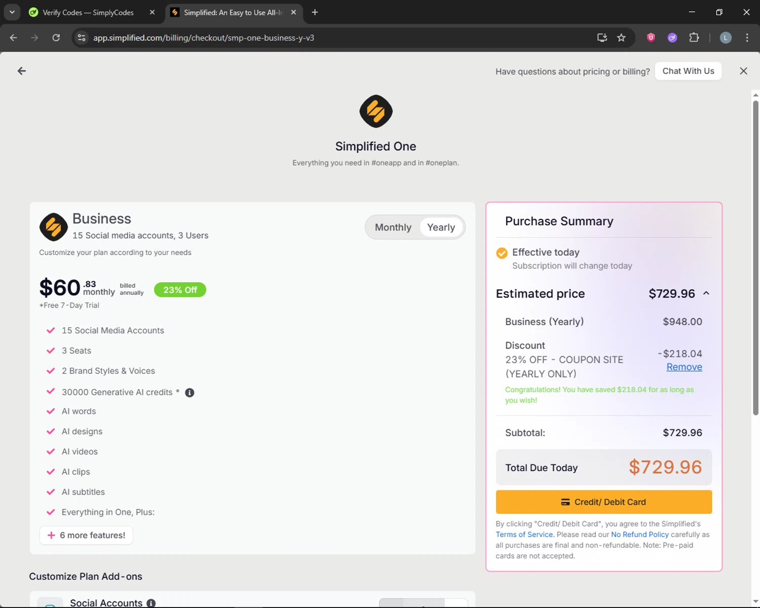Simplified checkout page showing Simplified coupon code box | Screenshot taken by SimplyCodes community member on Feb 17, 2026