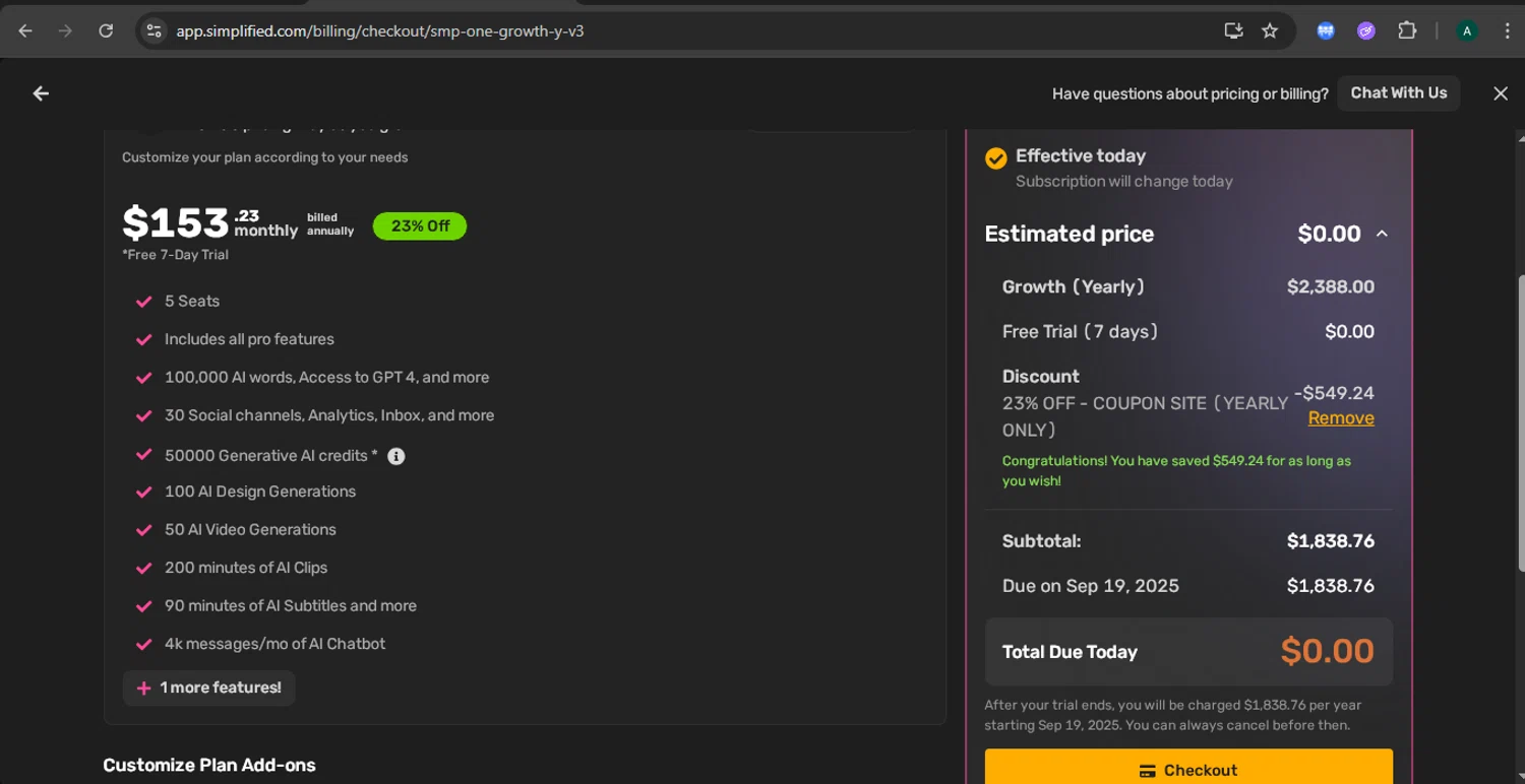 Simplified coupon code screenshot showing code Plan2023 applied at Simplified checkout page. Uploaded by SimplyCodes community member CoinGuardian4017 on Sep 13, 2025