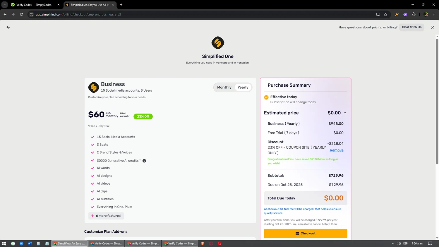 Simplified coupon code screenshot showing code Plan2023 applied at Simplified checkout page. Uploaded by SimplyCodes community member yonaiker on Oct 18, 2025