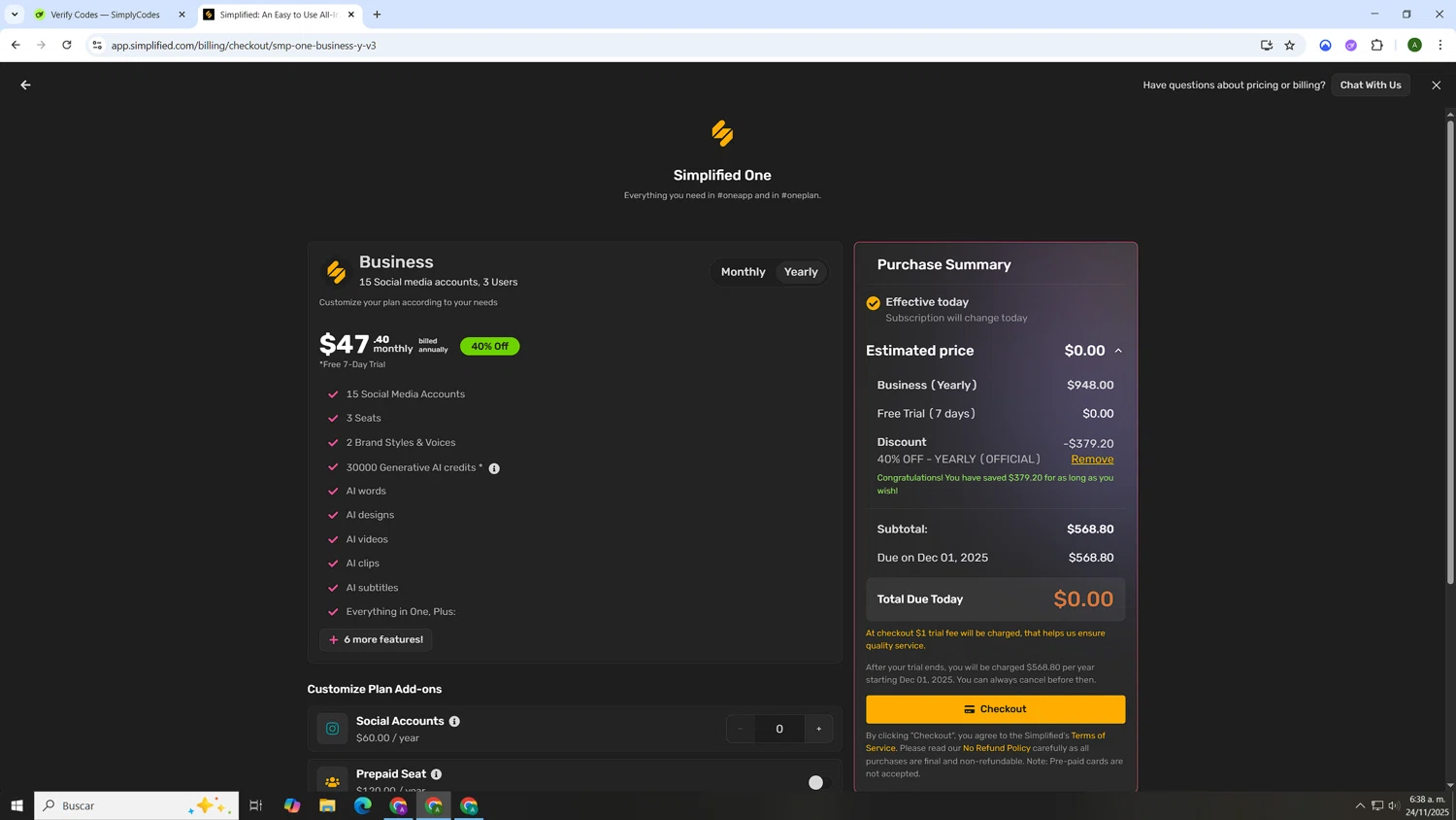 Simplified coupon code screenshot showing code SIMPLIFIED40 applied at Simplified checkout page. Uploaded by SimplyCodes community member AnthonyGTX on Nov 24, 2025