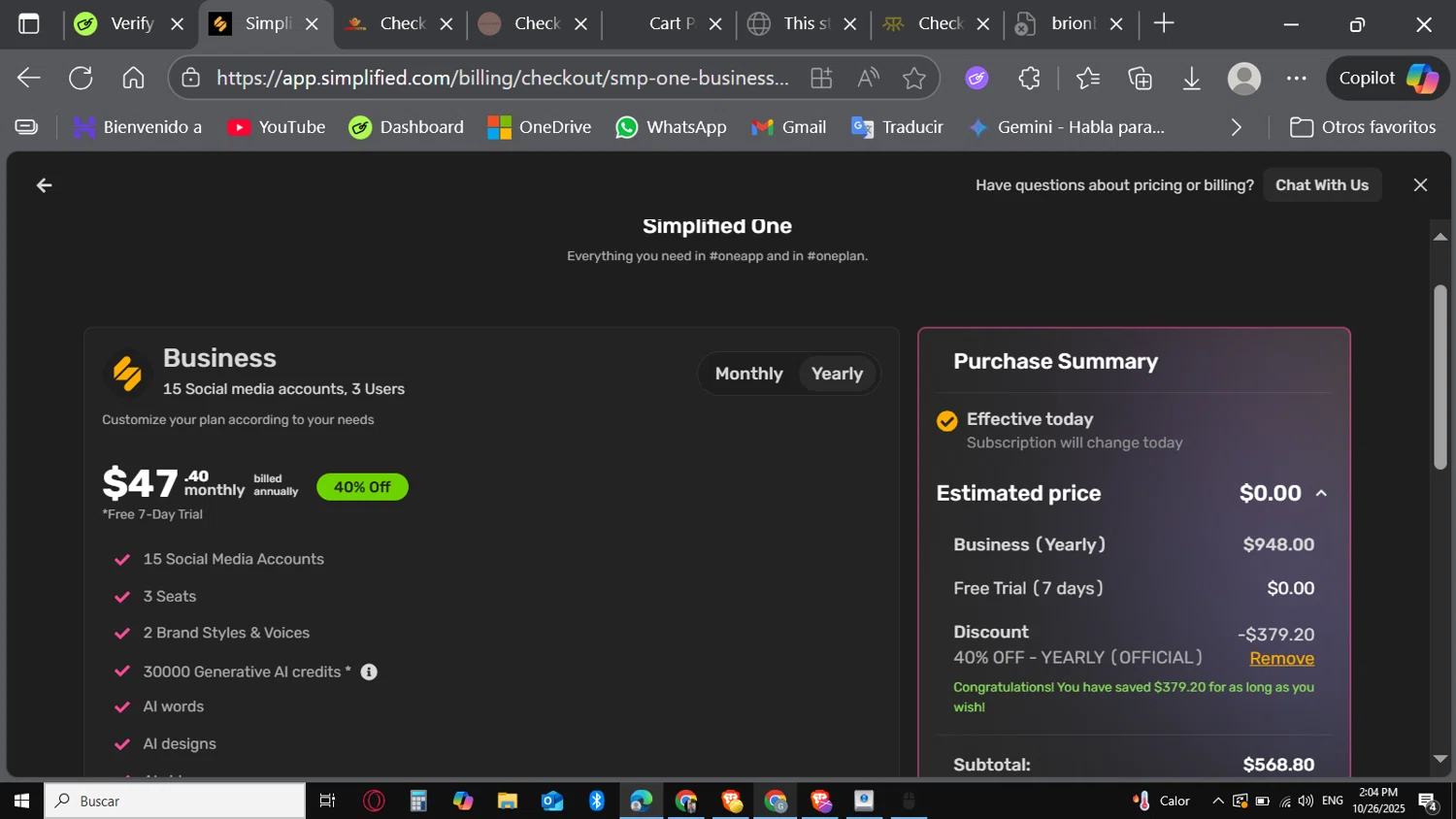 Simplified coupon code screenshot showing code SIMPLIFIED40 applied at Simplified checkout page. Uploaded by SimplyCodes community member Carbon132 on Oct 26, 2025