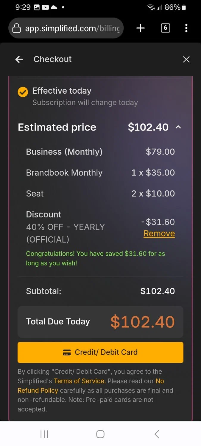 Simplified coupon code screenshot showing code SIMPLIFIED40 applied at Simplified checkout page. Uploaded by SimplyCodes community member ScanMaverick9378 on Feb 19, 2026