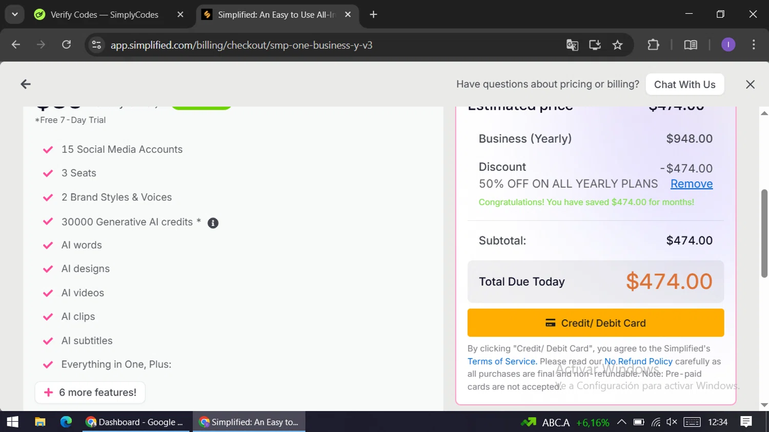 Simplified checkout page showing Simplified coupon code box | Screenshot taken by SimplyCodes community member on Feb 18, 2026