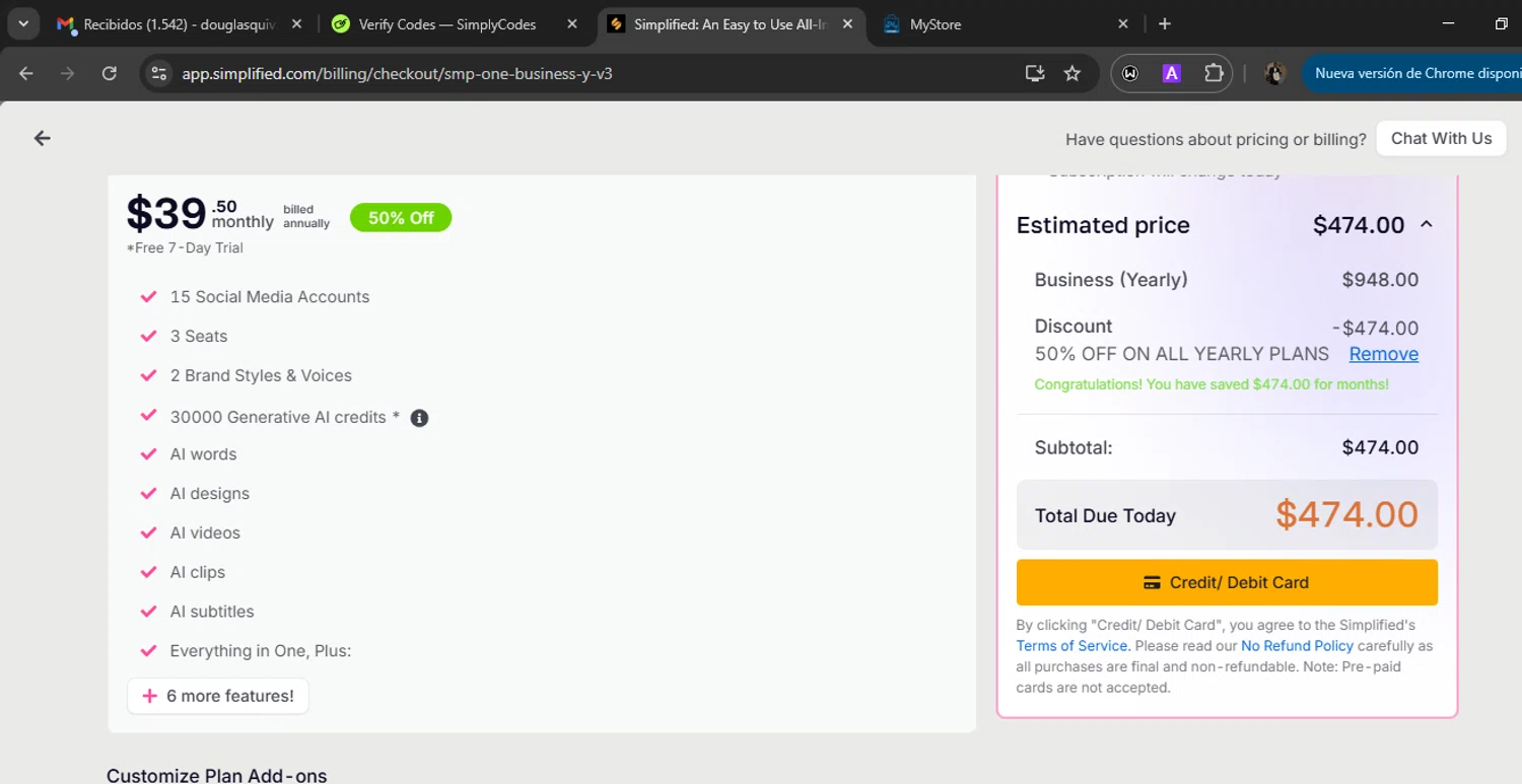 Simplified checkout page showing Simplified coupon code box | Screenshot taken by SimplyCodes community member on Feb 9, 2026
