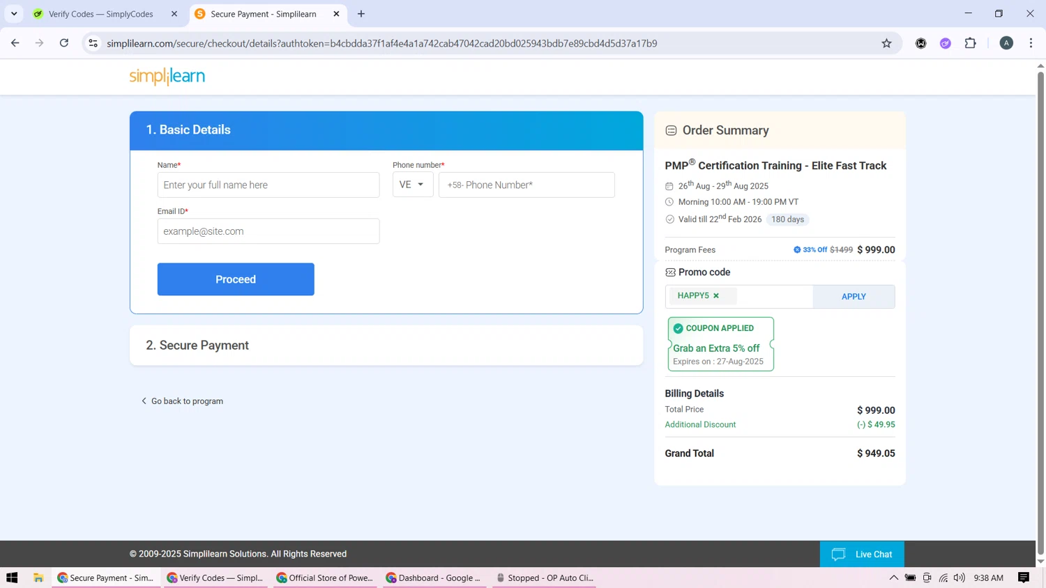 Simplilearn promo code screenshot showing code HAPPY5 applied at Simplilearn checkout page. Uploaded by SimplyCodes community member BonusMonarch7015 on Aug 20, 2025