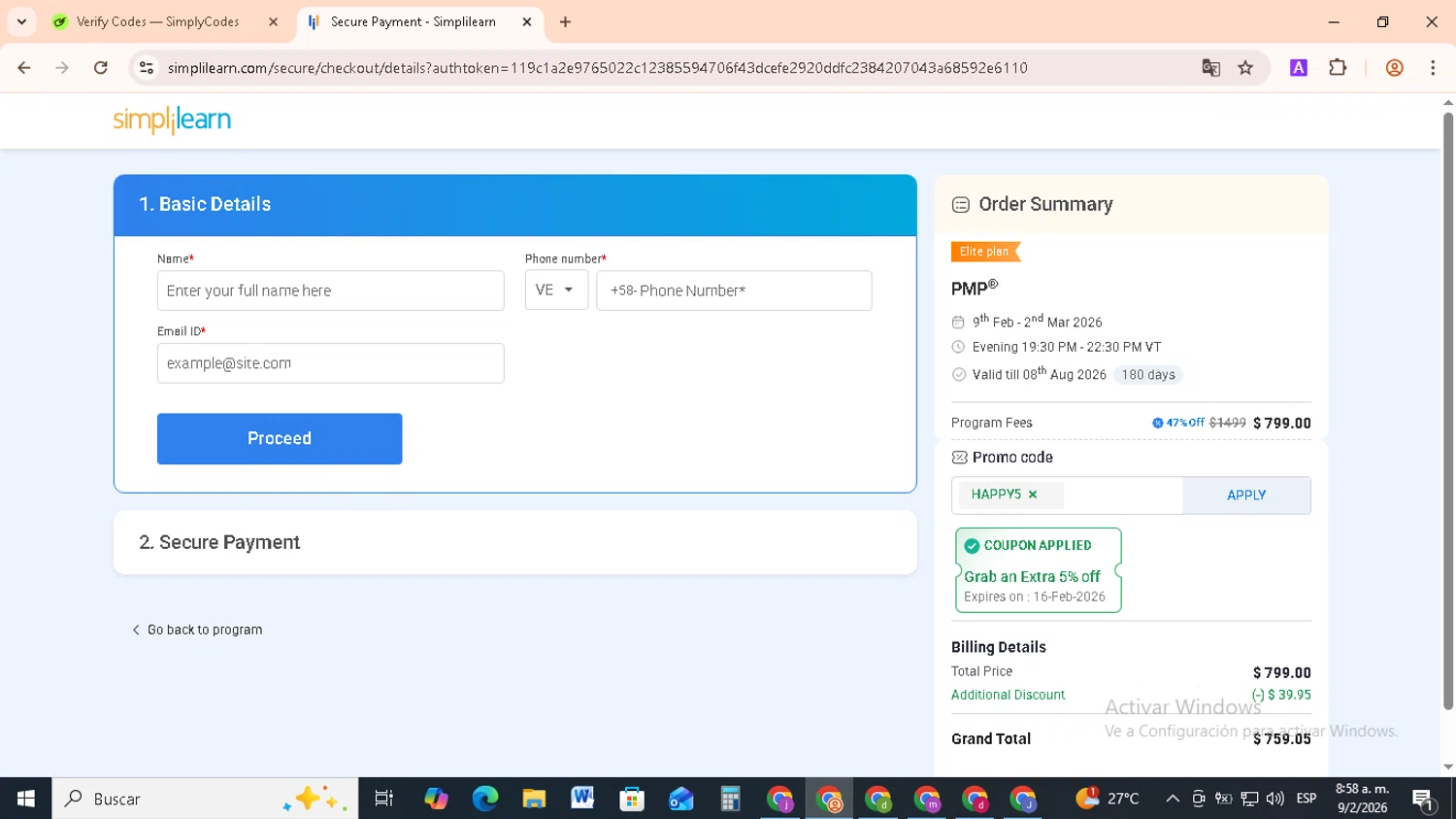 Simplilearn promo code screenshot showing code HAPPY5 applied at Simplilearn checkout page. Uploaded by SimplyCodes community member RebateCollector5909 on Feb 9, 2026