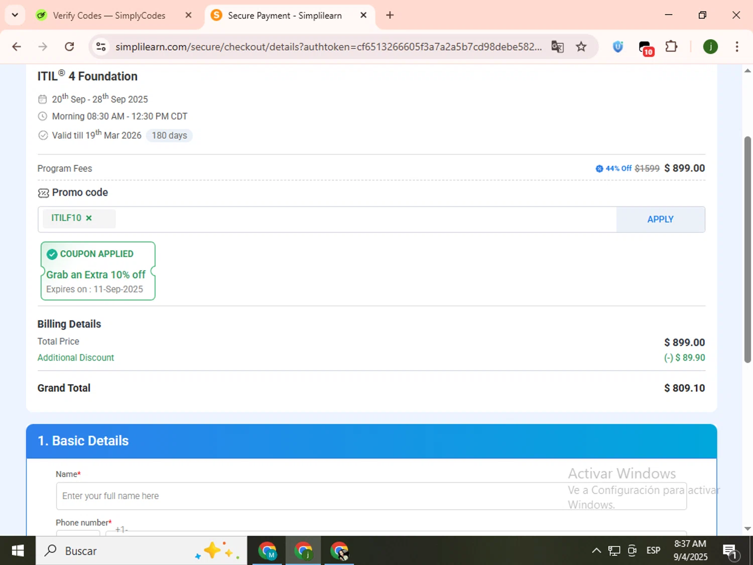 Simplilearn promo code screenshot showing code ITILF10 applied at Simplilearn checkout page. Uploaded by SimplyCodes community member SavingsCollector2592 on Sep 4, 2025