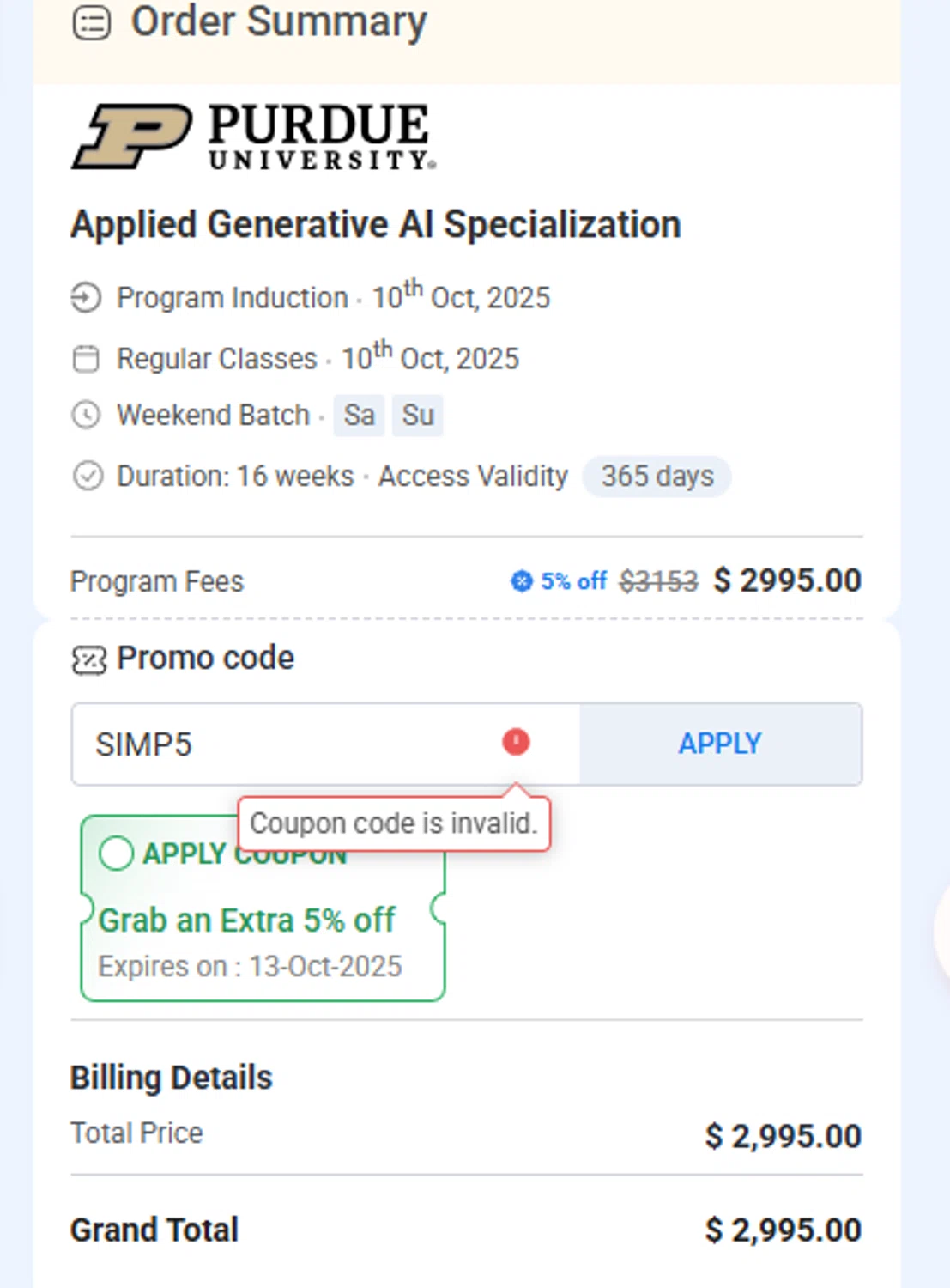 Simplilearn promo code screenshot showing code SIMP5 applied at Simplilearn checkout page. Uploaded by SimplyCodes community member Juanls04 on Oct 6, 2025