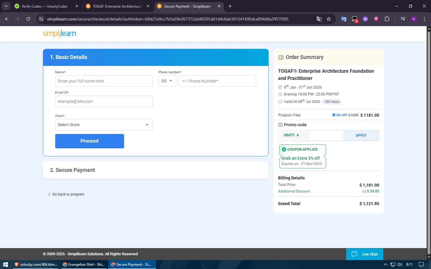 Simplilearn promo code screenshot showing code SIMP5 applied at Simplilearn checkout page. Uploaded by SimplyCodes community member ShieldElite2370 on Nov 14, 2025