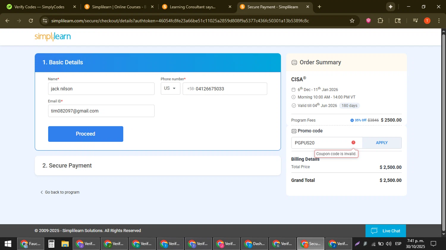 Simplilearn promo code screenshot showing code PGPUS20 applied at Simplilearn checkout page. Uploaded by SimplyCodes community member ShrewdAce8338 on Oct 30, 2025