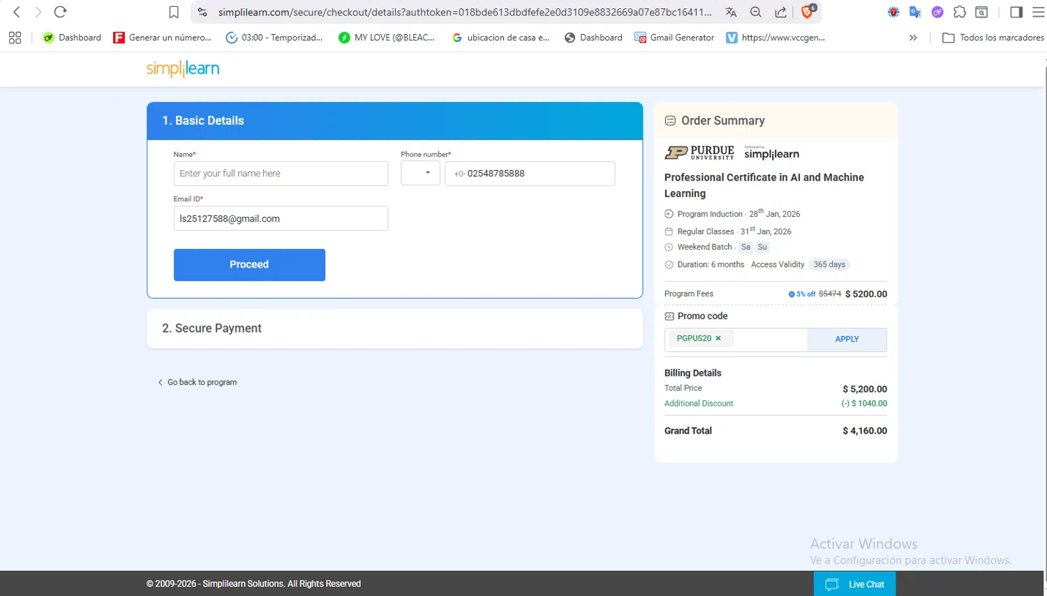 Simplilearn promo code screenshot showing code PGPUS20 applied at Simplilearn checkout page. Uploaded by SimplyCodes community member VoucherFalcon3942 on Jan 25, 2026