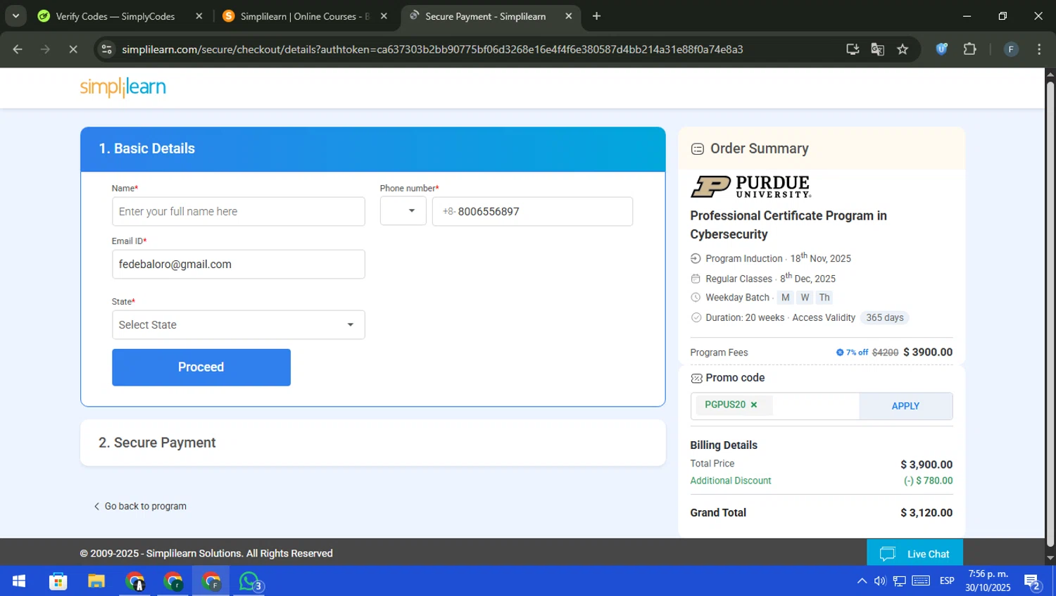 Simplilearn promo code screenshot showing code PGPUS20 applied at Simplilearn checkout page. Uploaded by SimplyCodes community member pajarito on Oct 30, 2025