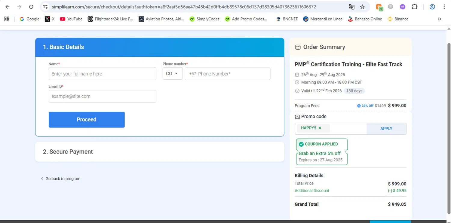 Simplilearn promo code screenshot showing code HAPPY5 applied at Simplilearn checkout page. Uploaded by SimplyCodes community member victor on Aug 20, 2025