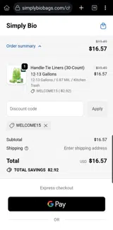 WELCOME15 coupon verification screenshot