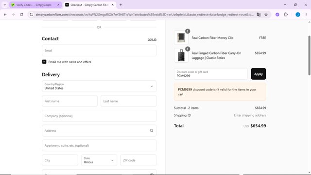 Simply Carbon Fiber checkout page showing Simply Carbon Fiber discount code box | Screenshot taken by SimplyCodes community member on Aug 27, 2025