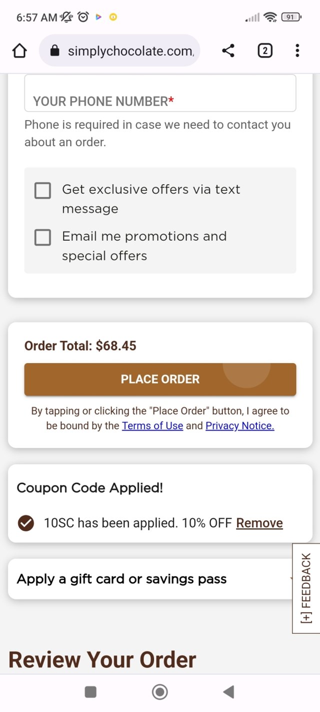 Simply Chocolate checkout page showing Simply Chocolate promo code box | Screenshot taken by SimplyCodes community member on May 16, 2023