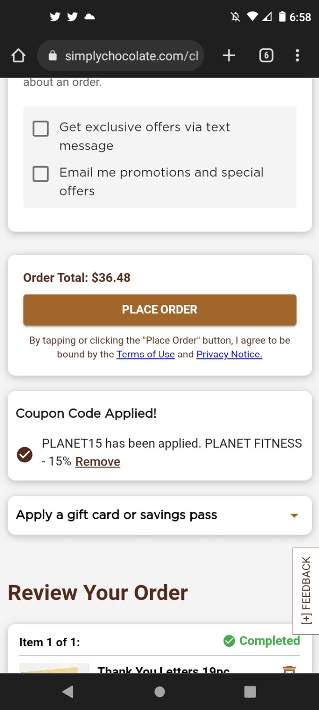Simply Chocolate checkout page showing Simply Chocolate promo code box | Screenshot taken by SimplyCodes community member on Apr 17, 2023