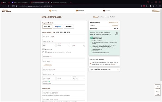 Simply Chocolate checkout page showing Simply Chocolate promo code box | Screenshot taken by SimplyCodes community member on Mar 31, 2023