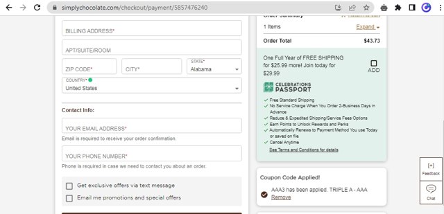 Simply Chocolate checkout page showing Simply Chocolate promo code box | Screenshot taken by SimplyCodes community member on Apr 6, 2023
