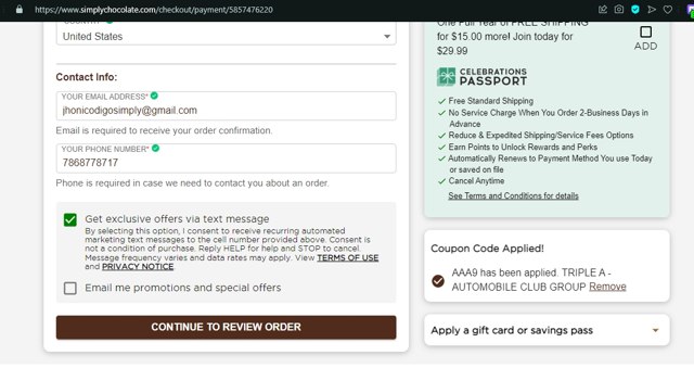 Simply Chocolate checkout page showing Simply Chocolate promo code box | Screenshot taken by SimplyCodes community member on Apr 6, 2023