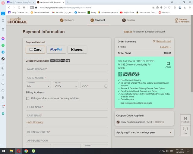 Simply Chocolate checkout page showing Simply Chocolate promo code box | Screenshot taken by SimplyCodes community member on Mar 10, 2023