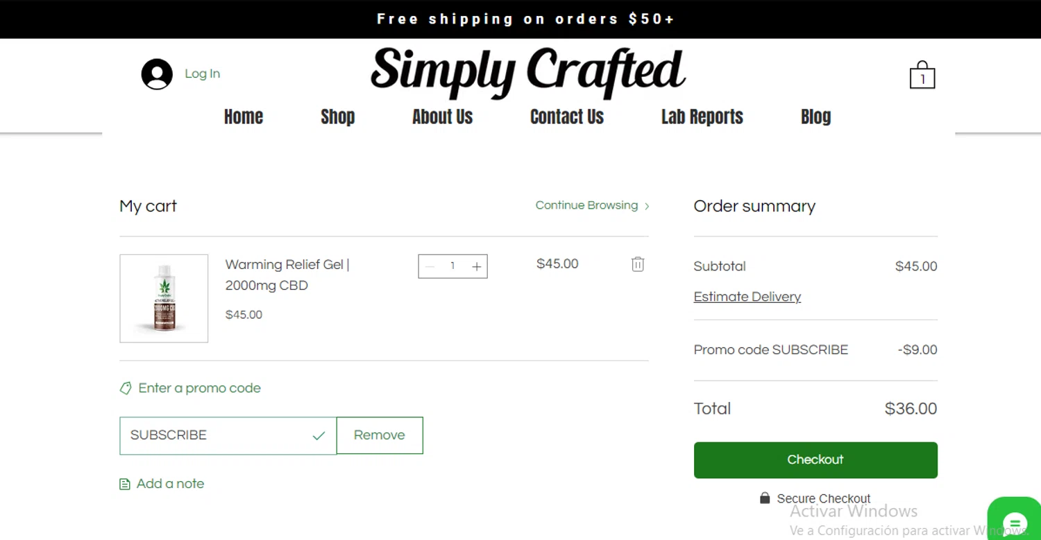 Simply Crafted CBD promo code screenshot showing code SUBSCRIBE applied at Simply Crafted CBD checkout page. Uploaded by SimplyCodes community member ligthYA on Dec 30, 2024