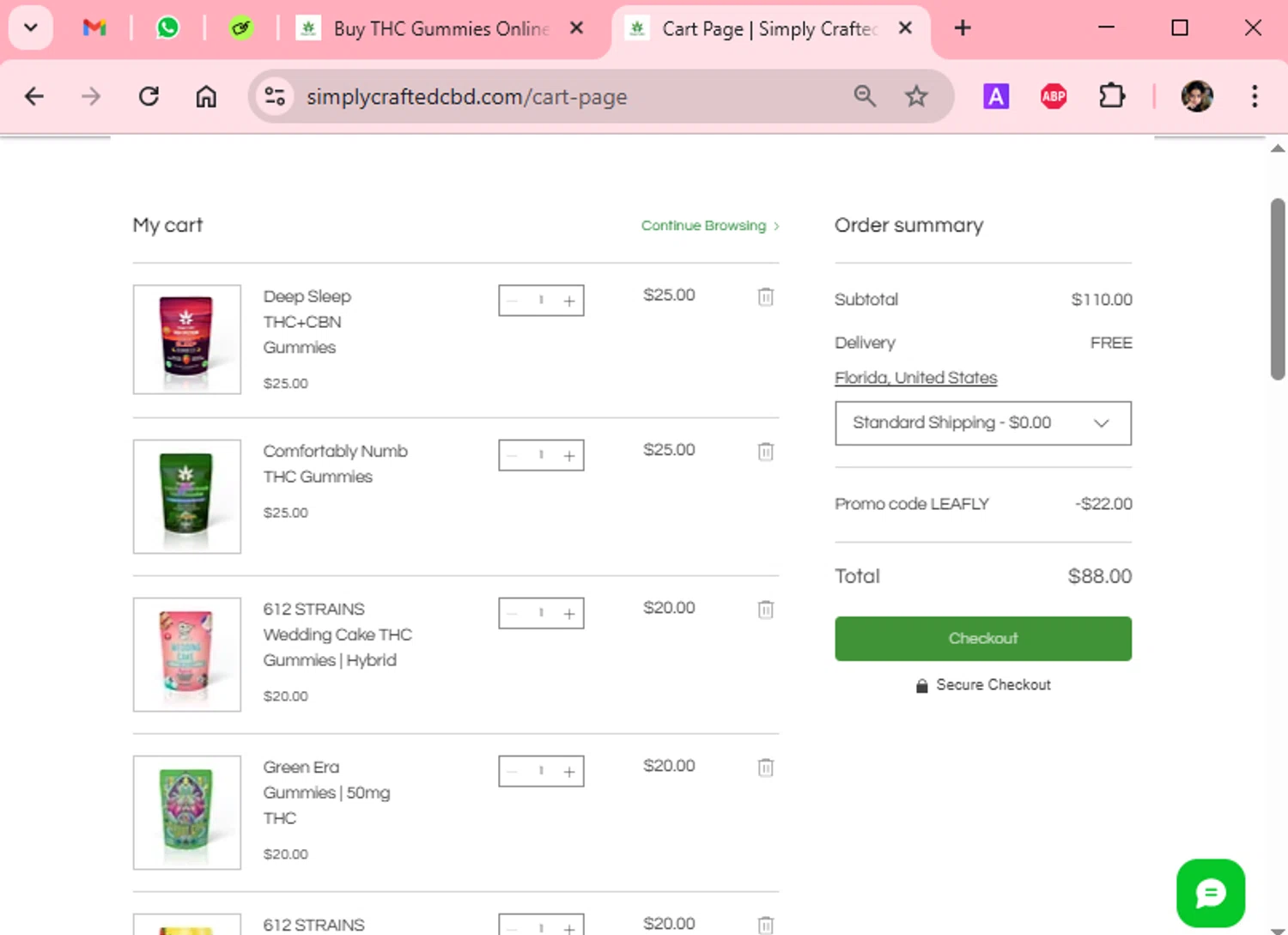 Simply Crafted CBD promo code screenshot showing code LEAFLY applied at Simply Crafted CBD checkout page. Uploaded by SimplyCodes community member Scarleth_2GGD on Apr 8, 2025