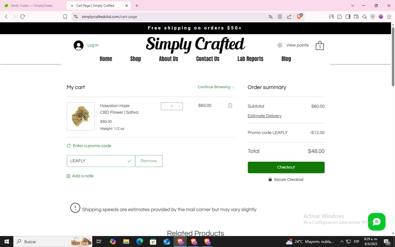 Simply Crafted CBD promo code screenshot showing code LEAFLY applied at Simply Crafted CBD checkout page. Uploaded by SimplyCodes community member CodeLynx5272 on Apr 8, 2025
