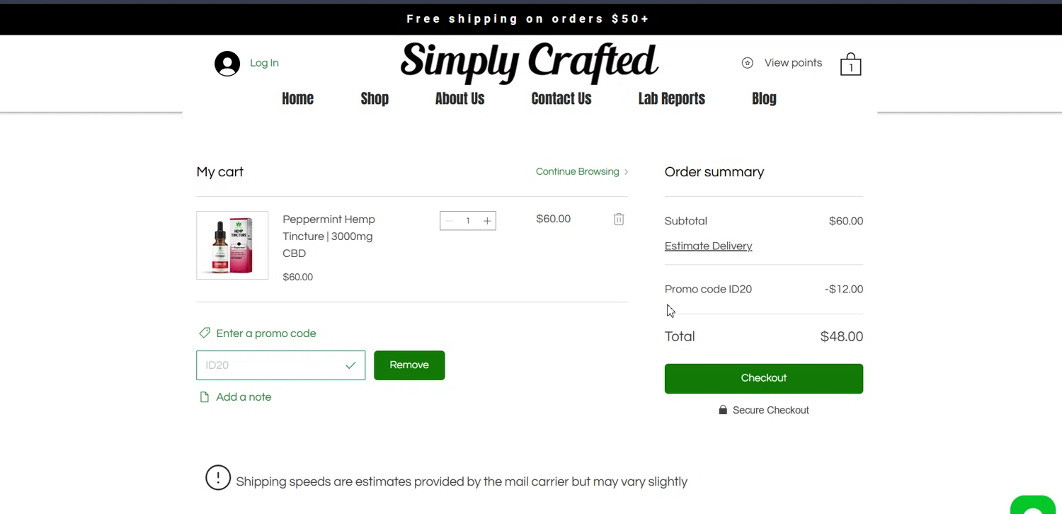 Simply Crafted CBD promo code screenshot showing code ID20 applied at Simply Crafted CBD checkout page. Uploaded by SimplyCodes community member ArthurMorgan on Jun 22, 2025