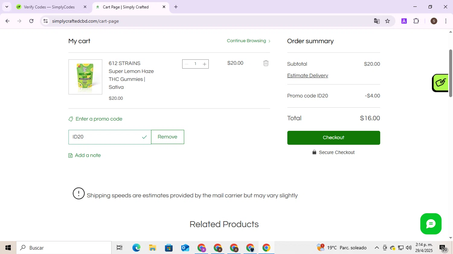 Simply Crafted CBD promo code screenshot showing code ID20 applied at Simply Crafted CBD checkout page. Uploaded by SimplyCodes community member BudgetMaven6078 on Apr 29, 2025