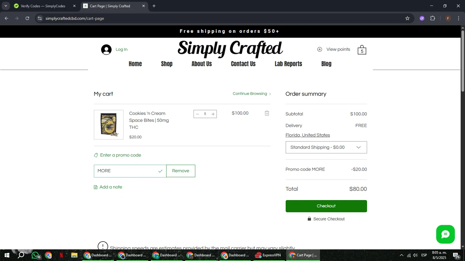 Simply Crafted CBD promo code screenshot showing code MORE applied at Simply Crafted CBD checkout page. Uploaded by SimplyCodes community member ExtraordinaryHunter3076 on May 8, 2025