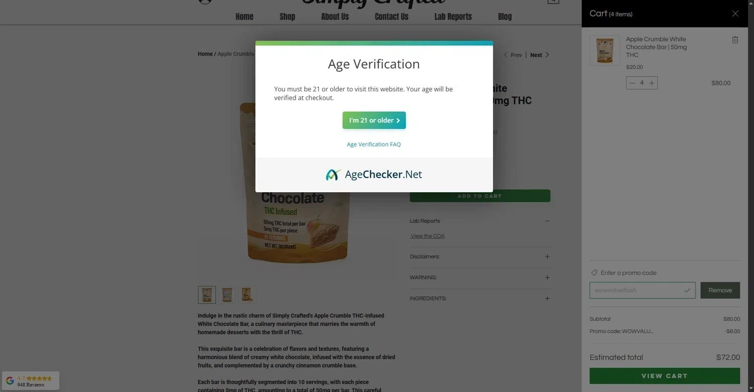 Simply Crafted CBD promo code screenshot showing code wowvalueflash applied at Simply Crafted CBD checkout page. Uploaded by SimplyCodes community member LOgoter on Jan 6, 2026
