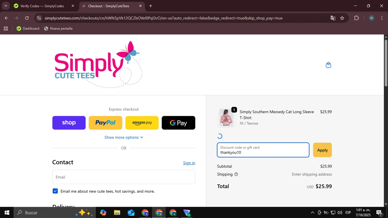 SimplyCuteTees promo code screenshot showing code thankyou10 applied at SimplyCuteTees checkout page. Uploaded by SimplyCodes community member DealHawk3765 on Oct 7, 2025