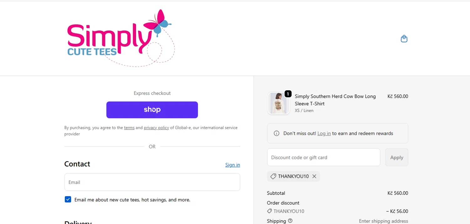 SimplyCuteTees promo code screenshot showing code thankyou10 applied at SimplyCuteTees checkout page. Uploaded by SimplyCodes community member xHRxUltrax on Nov 25, 2025