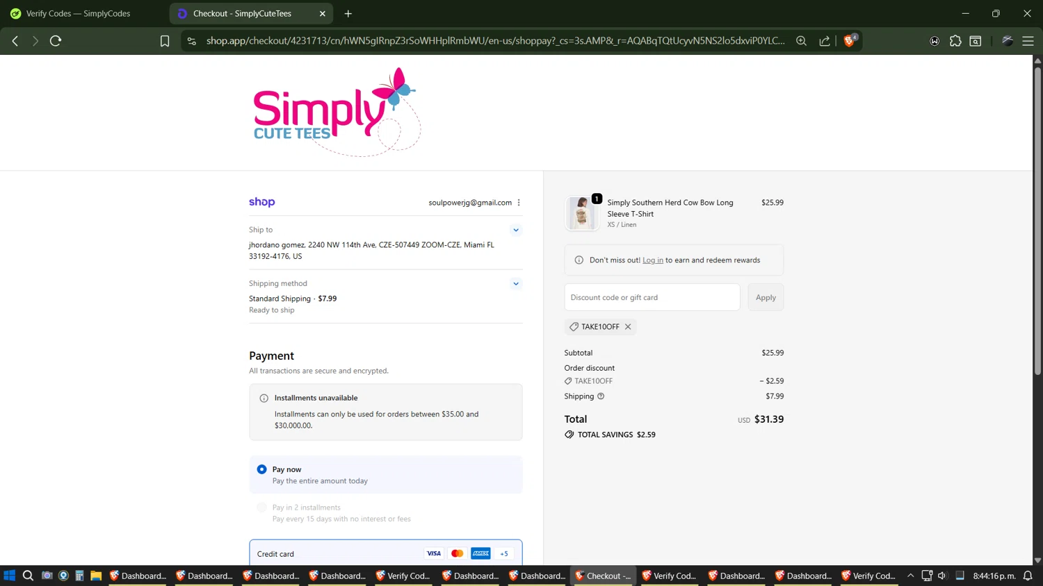 SimplyCuteTees promo code screenshot showing code take10off applied at SimplyCuteTees checkout page. Uploaded by SimplyCodes community member Phoenix on Nov 25, 2025