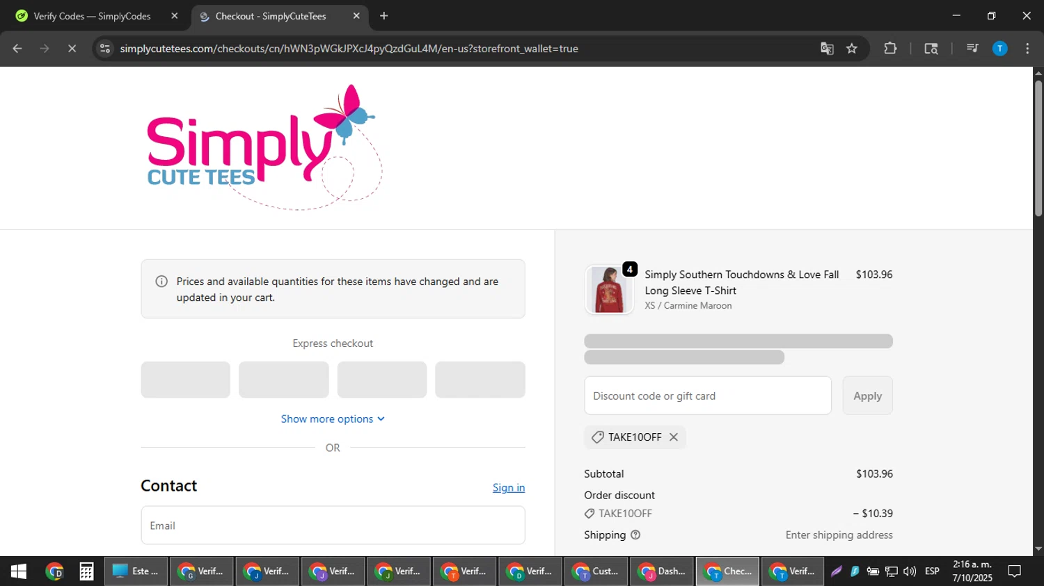 SimplyCuteTees promo code screenshot showing code take10off applied at SimplyCuteTees checkout page. Uploaded by SimplyCodes community member hankt1521 on Oct 7, 2025