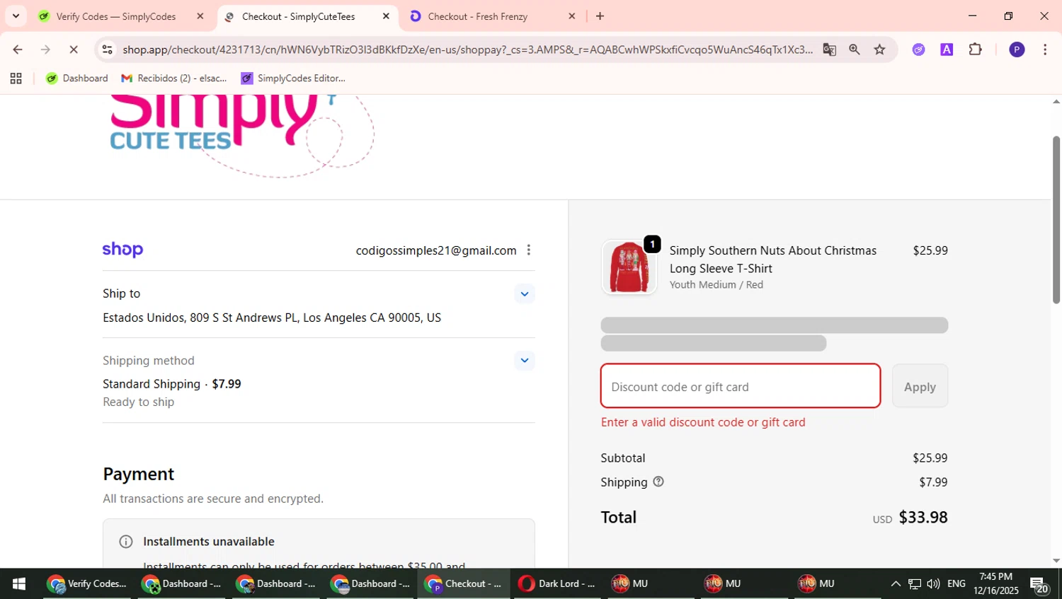 SimplyCuteTees promo code screenshot showing code SANTA applied at SimplyCuteTees checkout page. Uploaded by SimplyCodes community member Suicune on Dec 16, 2025