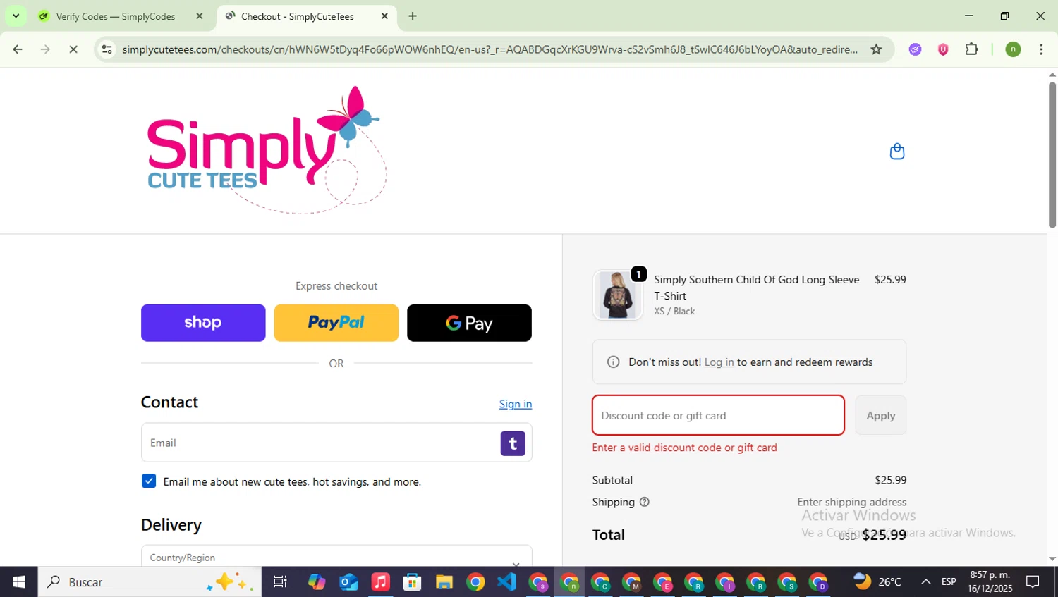 SimplyCuteTees promo code screenshot showing code SANTA applied at SimplyCuteTees checkout page. Uploaded by SimplyCodes community member SwiftSaver6197 on Dec 17, 2025