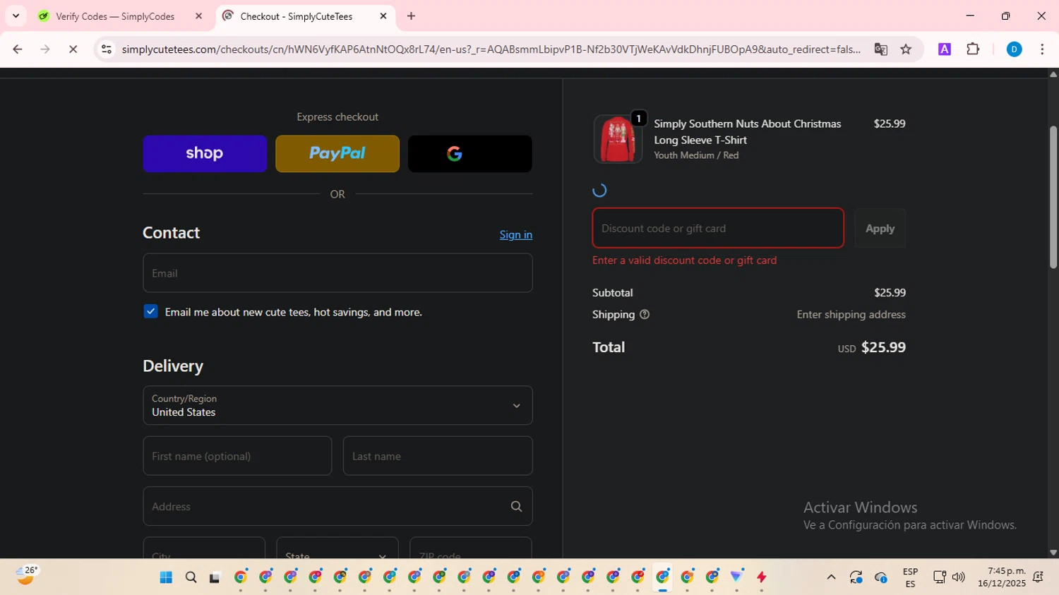SimplyCuteTees promo code screenshot showing code SANTA applied at SimplyCuteTees checkout page. Uploaded by SimplyCodes community member saltediosteve on Dec 16, 2025
