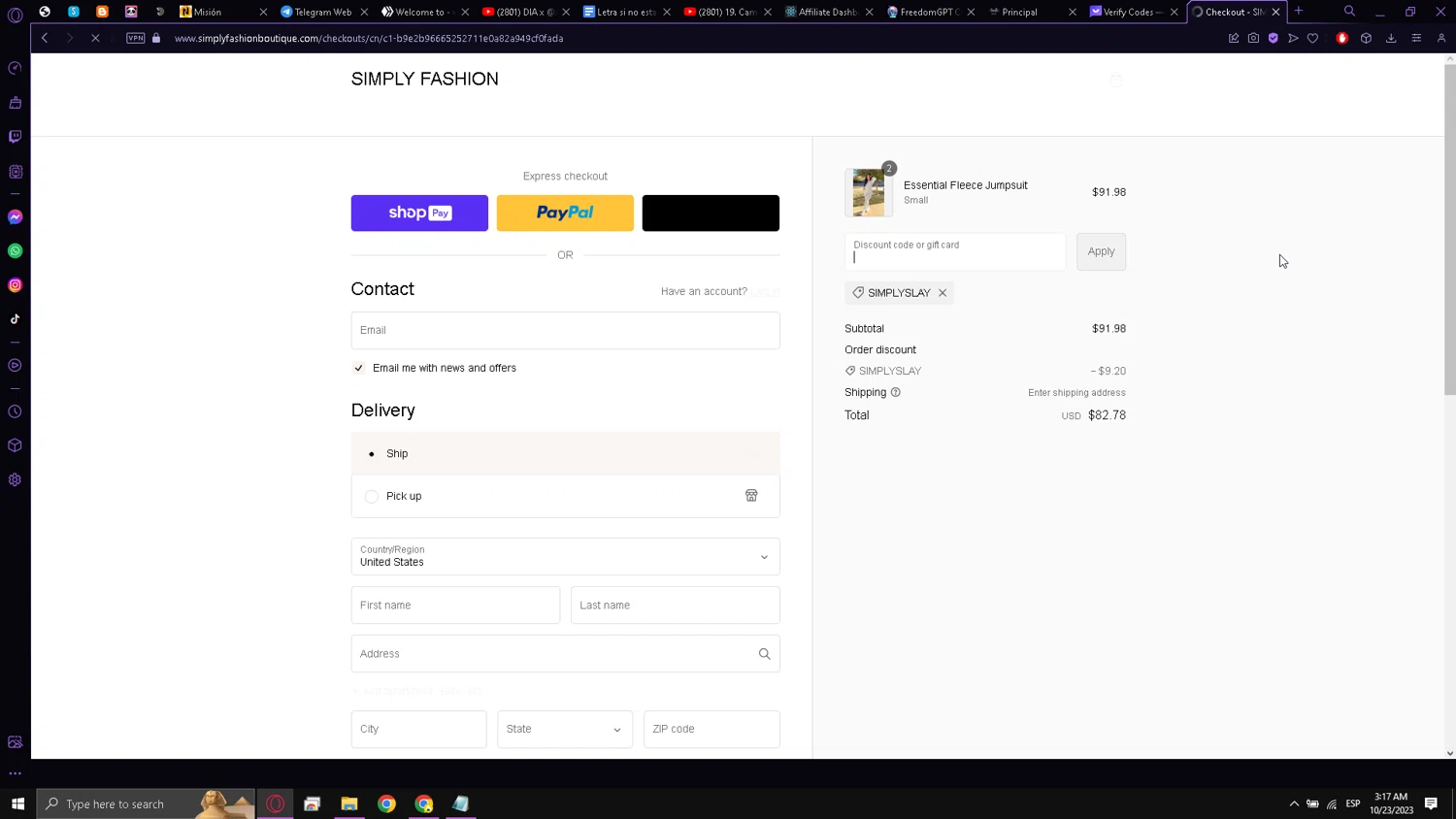 Simply Fashion Boutique checkout page showing Simply Fashion Boutique promo code box | Screenshot taken by SimplyCodes community member on Oct 23, 2023