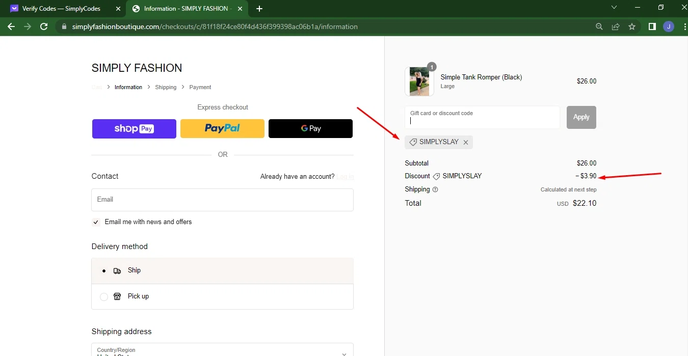 Simply Fashion Boutique checkout page showing Simply Fashion Boutique promo code box | Screenshot taken by SimplyCodes community member on Jun 29, 2023
