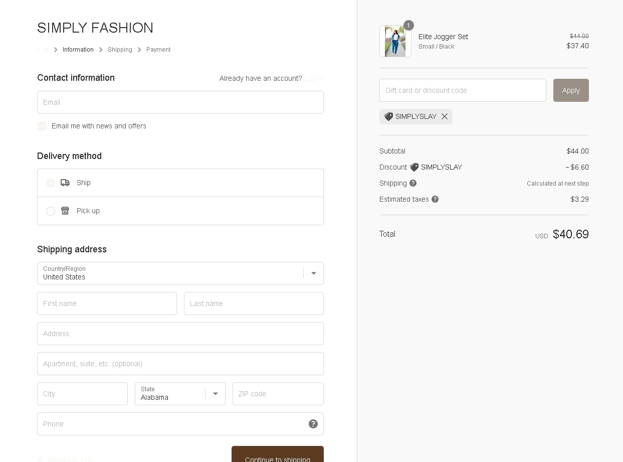 Simply Fashion Boutique checkout page showing Simply Fashion Boutique promo code box | Screenshot taken by SimplyCodes community member on Nov 7, 2022