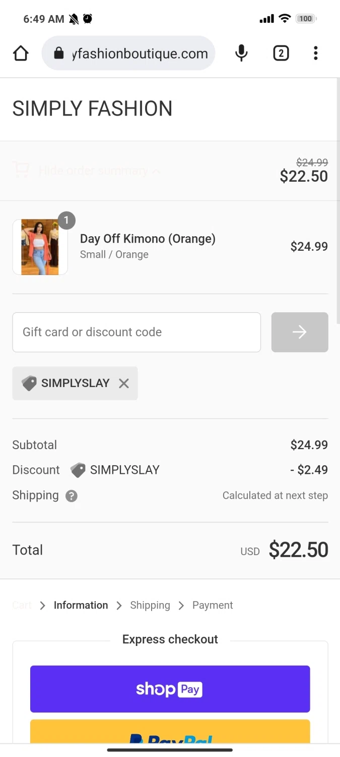 Simply Fashion Boutique checkout page showing Simply Fashion Boutique promo code box | Screenshot taken by SimplyCodes community member on Aug 12, 2022