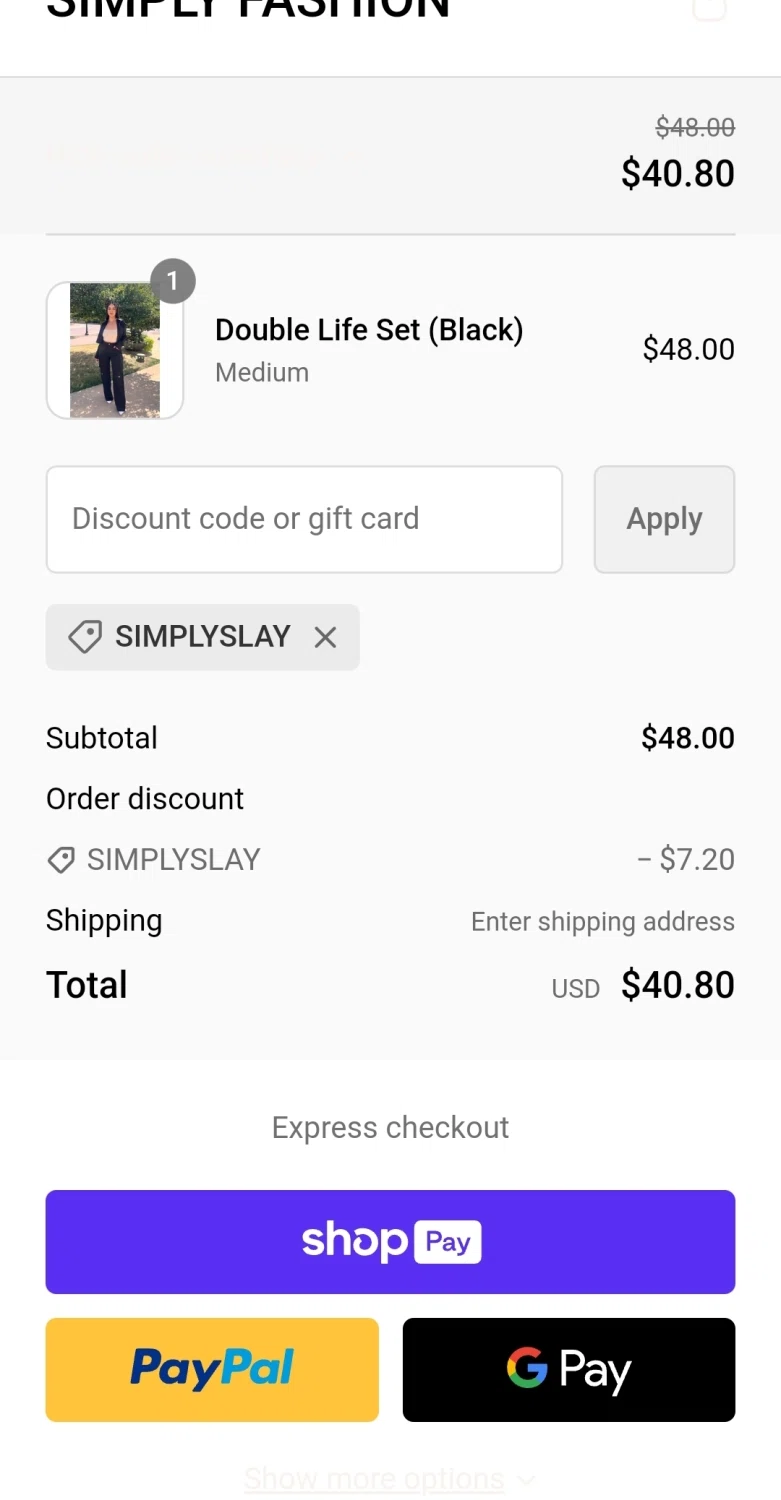 Simply Fashion Boutique checkout page showing Simply Fashion Boutique promo code box | Screenshot taken by SimplyCodes community member on Aug 26, 2023