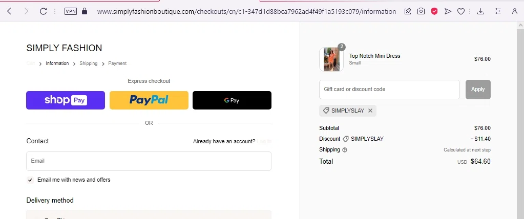 Simply Fashion Boutique checkout page showing Simply Fashion Boutique promo code box | Screenshot taken by SimplyCodes community member on Jul 28, 2023