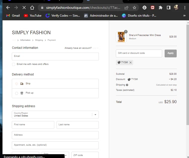 Simply Fashion Boutique checkout page showing Simply Fashion Boutique promo code box | Screenshot taken by SimplyCodes community member on Jul 31, 2022