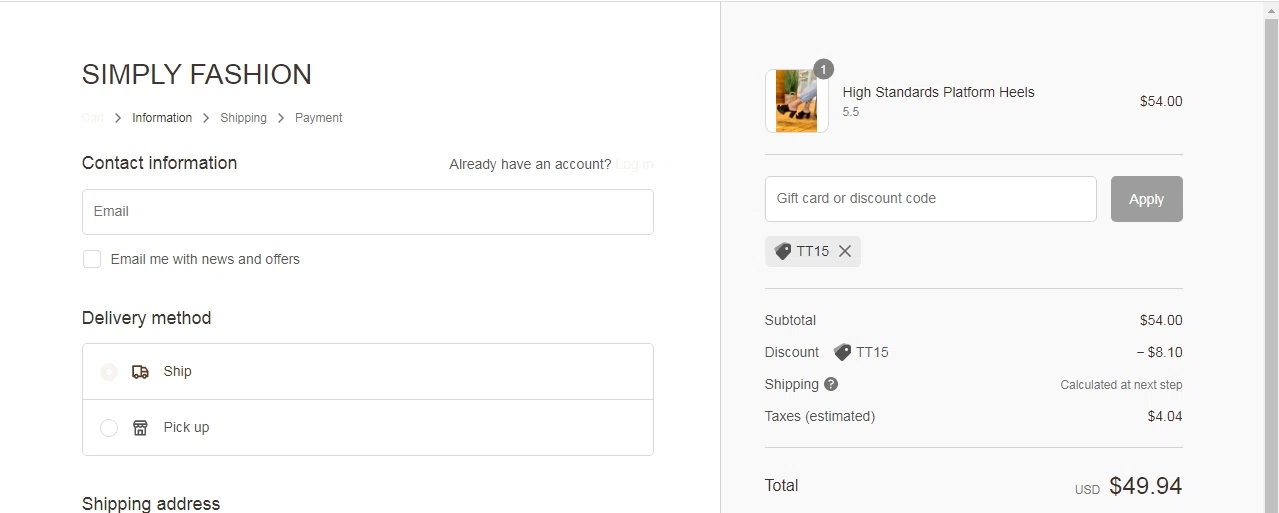 Simply Fashion Boutique checkout page showing Simply Fashion Boutique promo code box | Screenshot taken by SimplyCodes community member on Aug 16, 2022