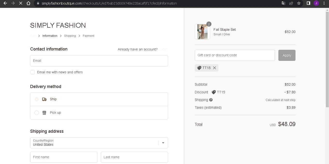 Simply Fashion Boutique checkout page showing Simply Fashion Boutique promo code box | Screenshot taken by SimplyCodes community member on Sep 14, 2022