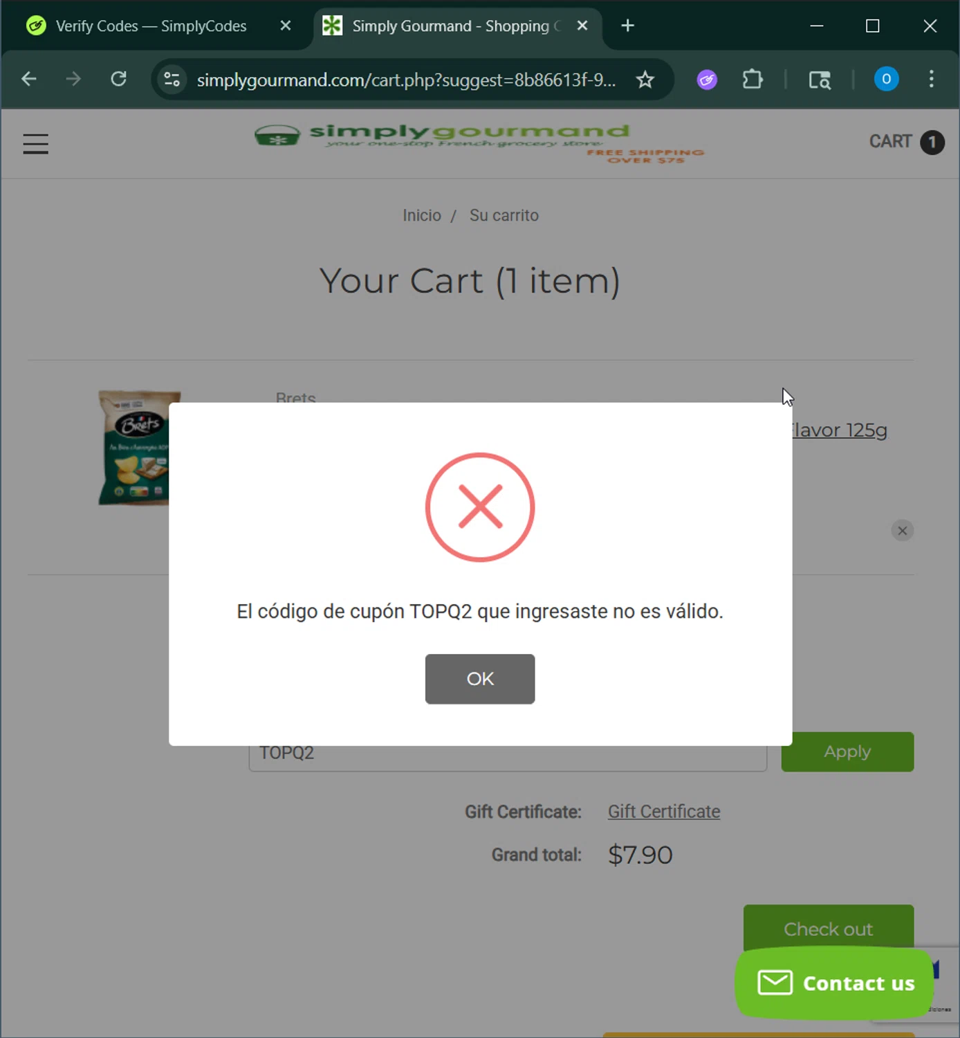Simply Gourmand coupon code screenshot showing code TOPQ2 applied at Simply Gourmand checkout page. Uploaded by SimplyCodes community member RoyalSage9159 on Aug 28, 2025