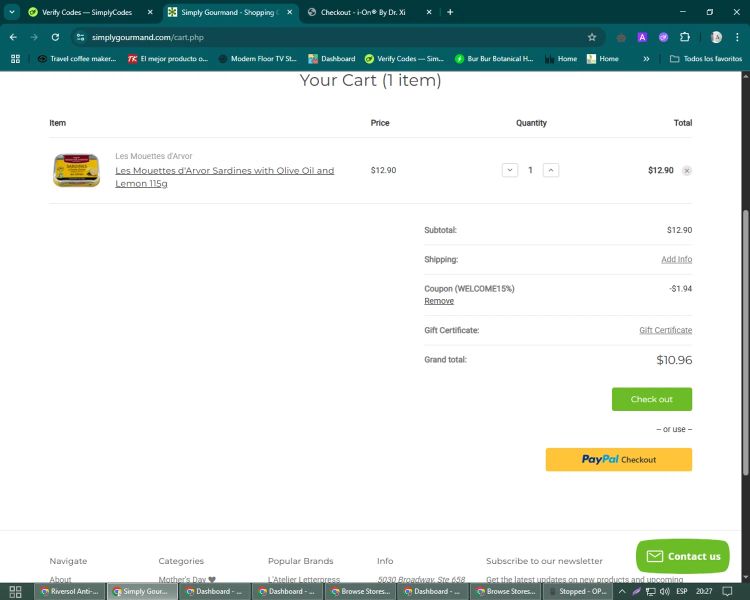 Simply Gourmand coupon code screenshot showing code WELCOME15% applied at Simply Gourmand checkout page. Uploaded by SimplyCodes community member John_Johnson on May 11, 2025